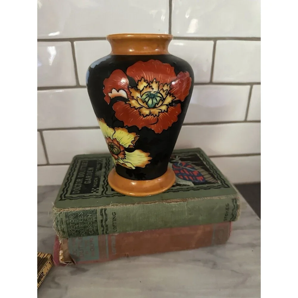 Orange Blue Red Poppy Black Flora Vase Japan Hand Painted 6.5”